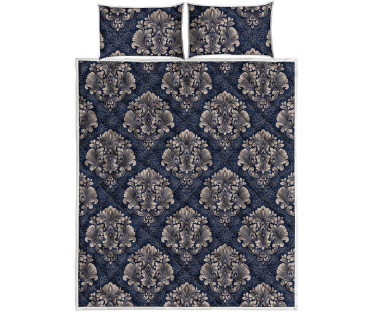 Blue And Brown Damask Pattern Print Quilt Bed Set