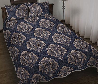 Blue And Brown Damask Pattern Print Quilt Bed Set