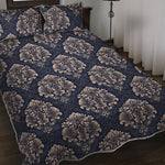 Blue And Brown Damask Pattern Print Quilt Bed Set