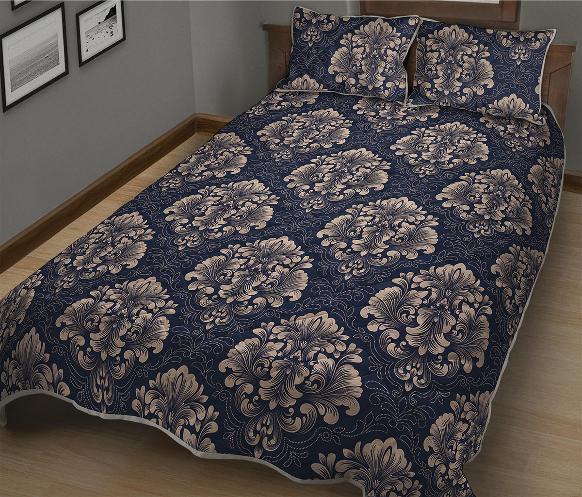 Blue And Brown Damask Pattern Print Quilt Bed Set