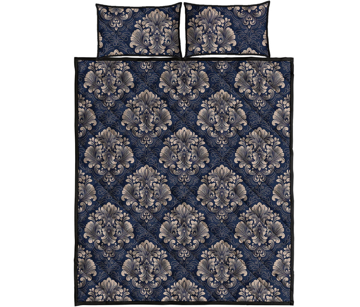 Blue And Brown Damask Pattern Print Quilt Bed Set