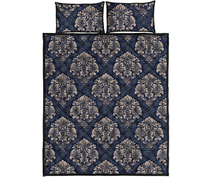 Blue And Brown Damask Pattern Print Quilt Bed Set