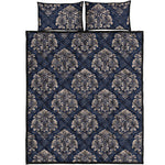 Blue And Brown Damask Pattern Print Quilt Bed Set