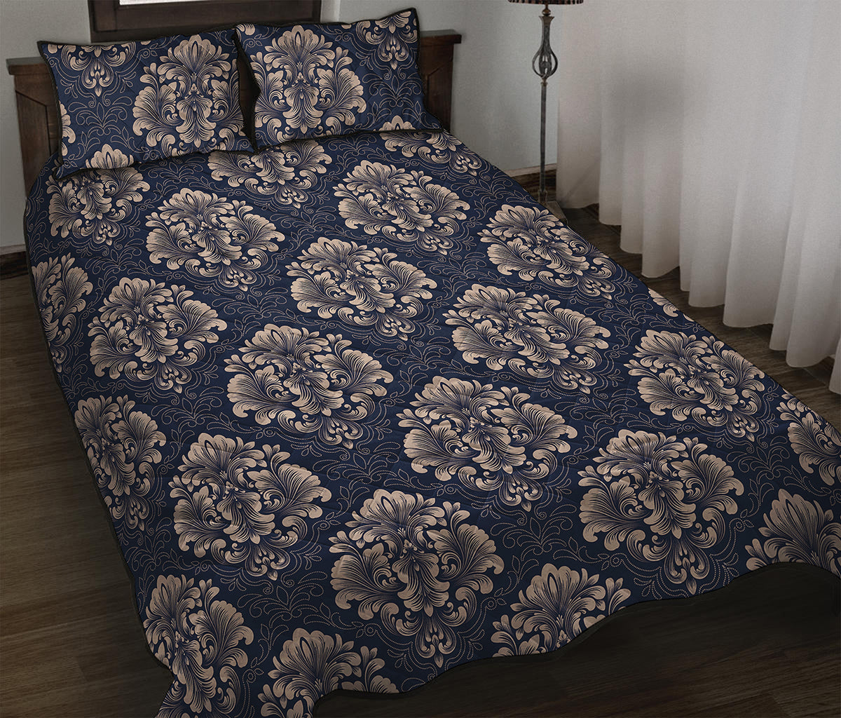 Blue And Brown Damask Pattern Print Quilt Bed Set