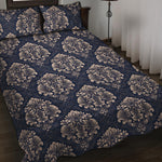 Blue And Brown Damask Pattern Print Quilt Bed Set