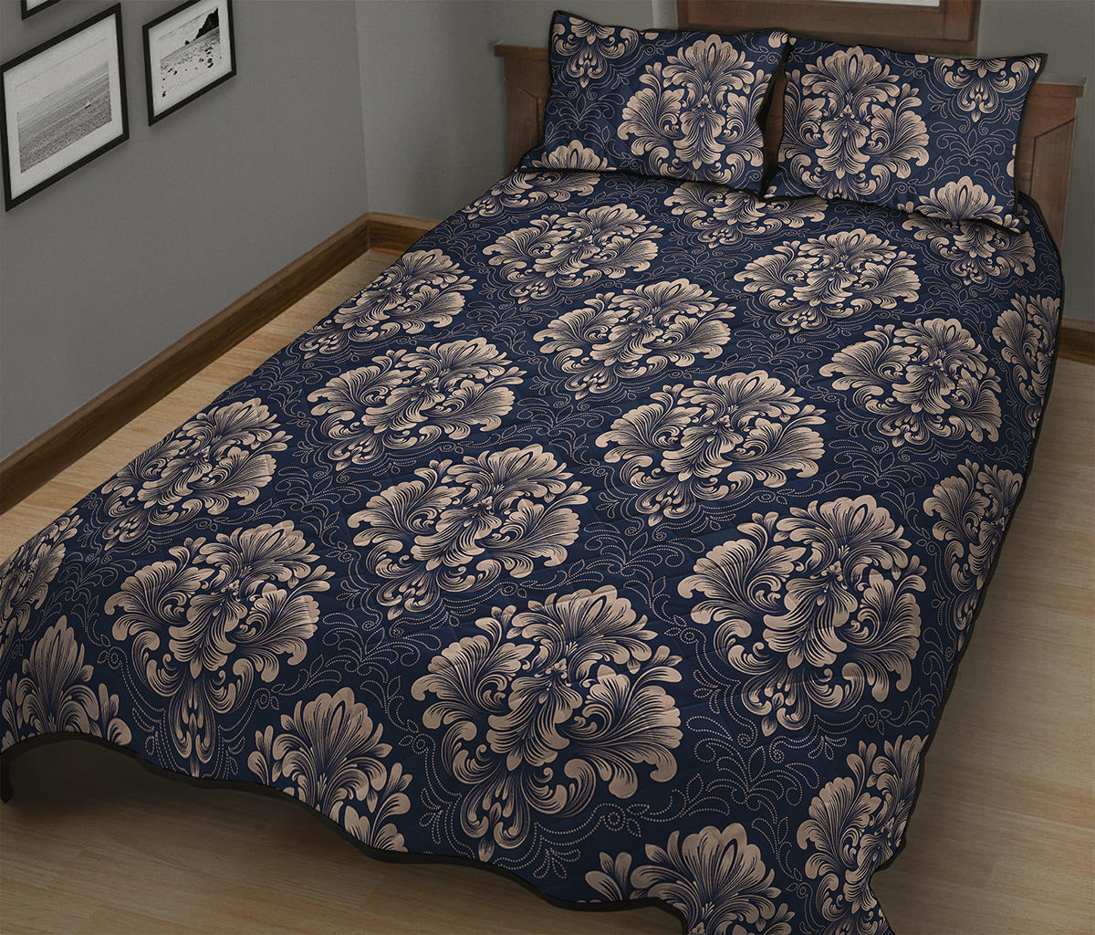 Blue And Brown Damask Pattern Print Quilt Bed Set