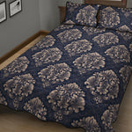 Blue And Brown Damask Pattern Print Quilt Bed Set