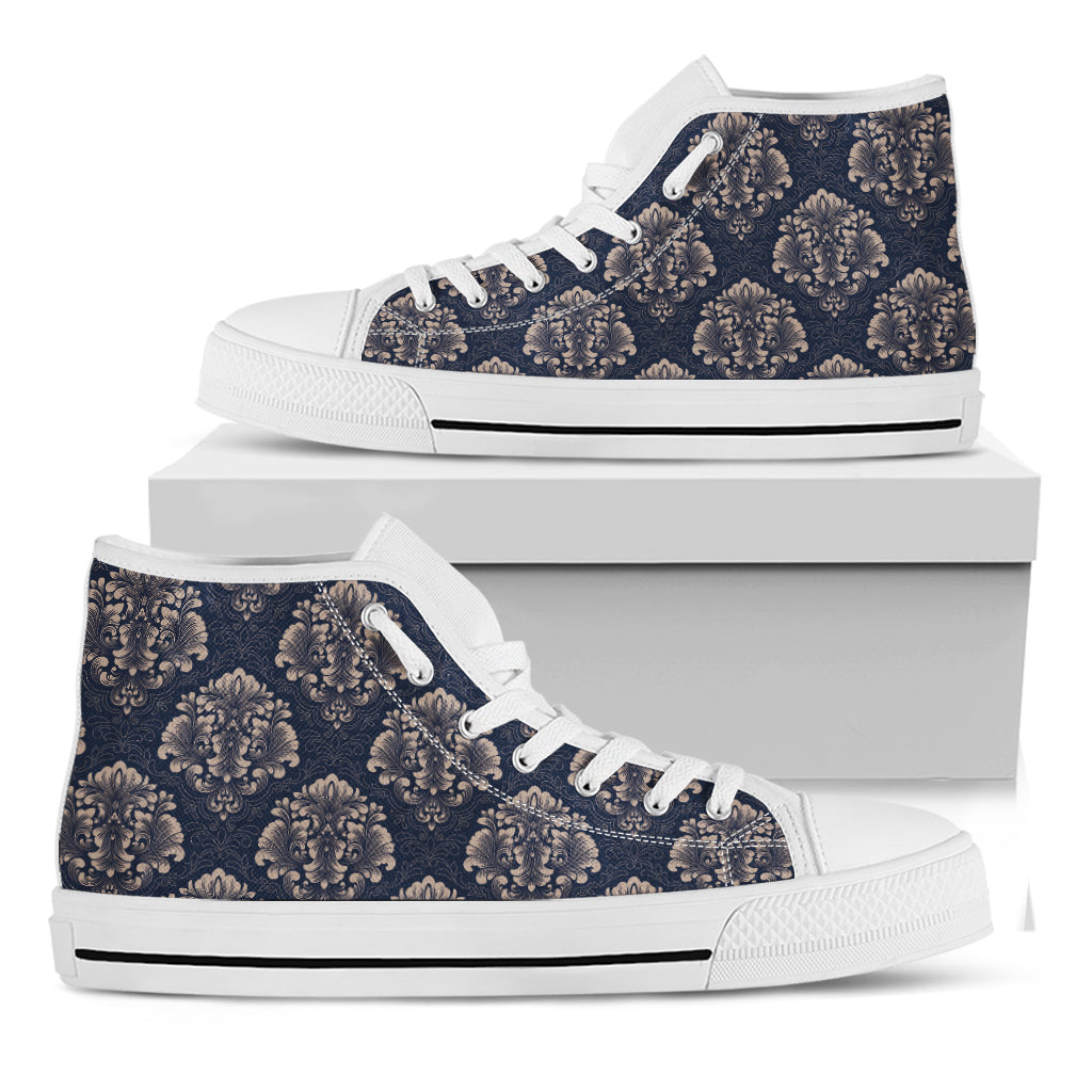 Blue And Brown Damask Pattern Print White High Top Shoes