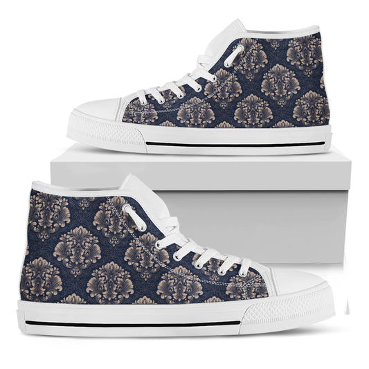 Blue And Brown Damask Pattern Print White High Top Shoes