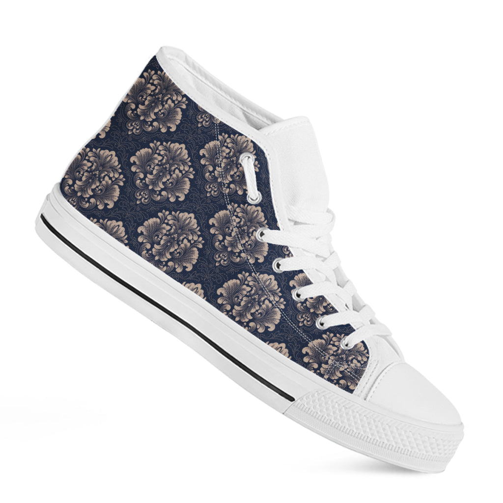 Blue And Brown Damask Pattern Print White High Top Shoes