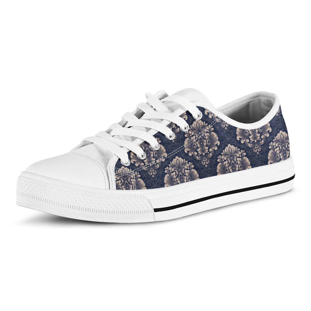 Blue And Brown Damask Pattern Print White Low Top Shoes