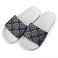 Blue And Brown Damask Pattern Print White Slide Sandals