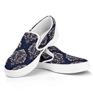 Blue And Brown Damask Pattern Print White Slip On Shoes