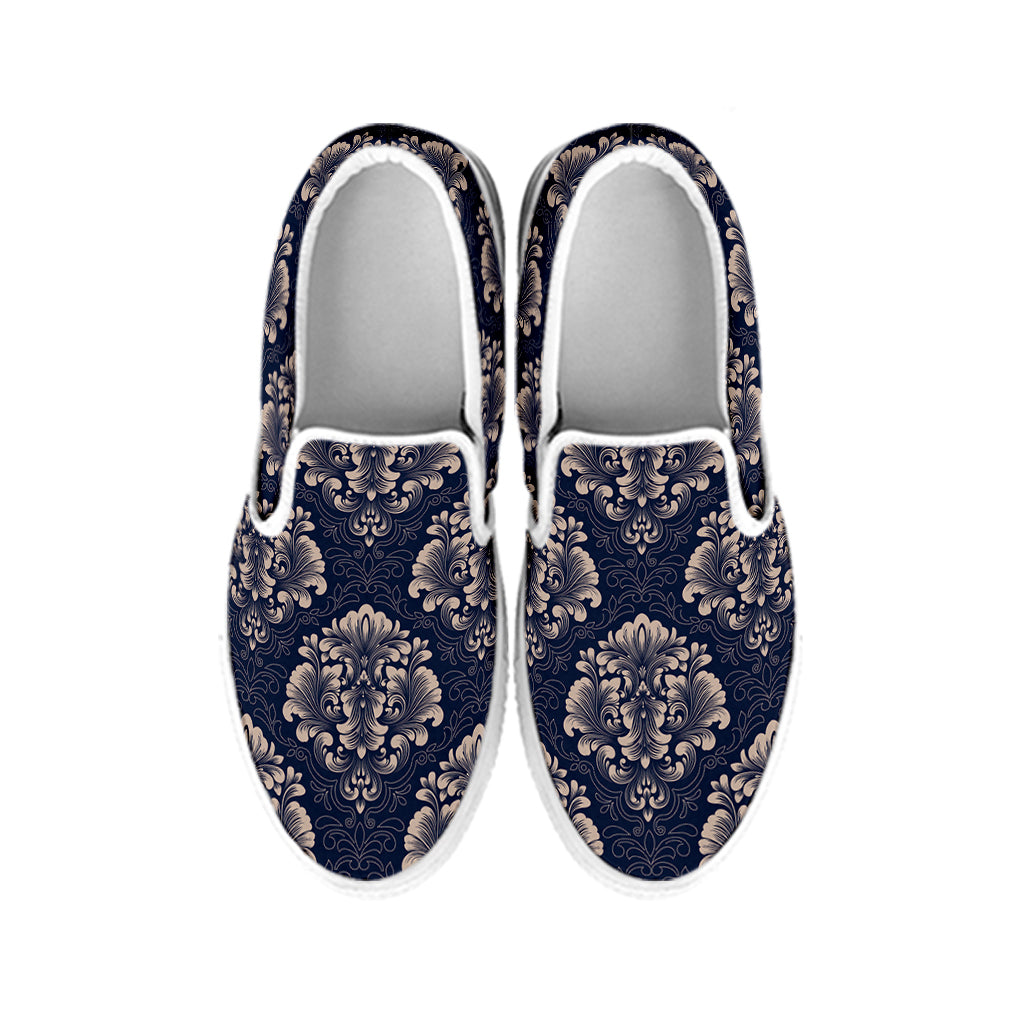 Blue And Brown Damask Pattern Print White Slip On Shoes