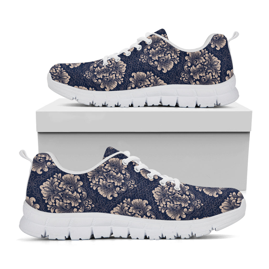 Blue And Brown Damask Pattern Print White Sneakers