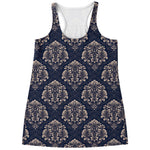 Blue And Brown Damask Pattern Print Women's Racerback Tank Top