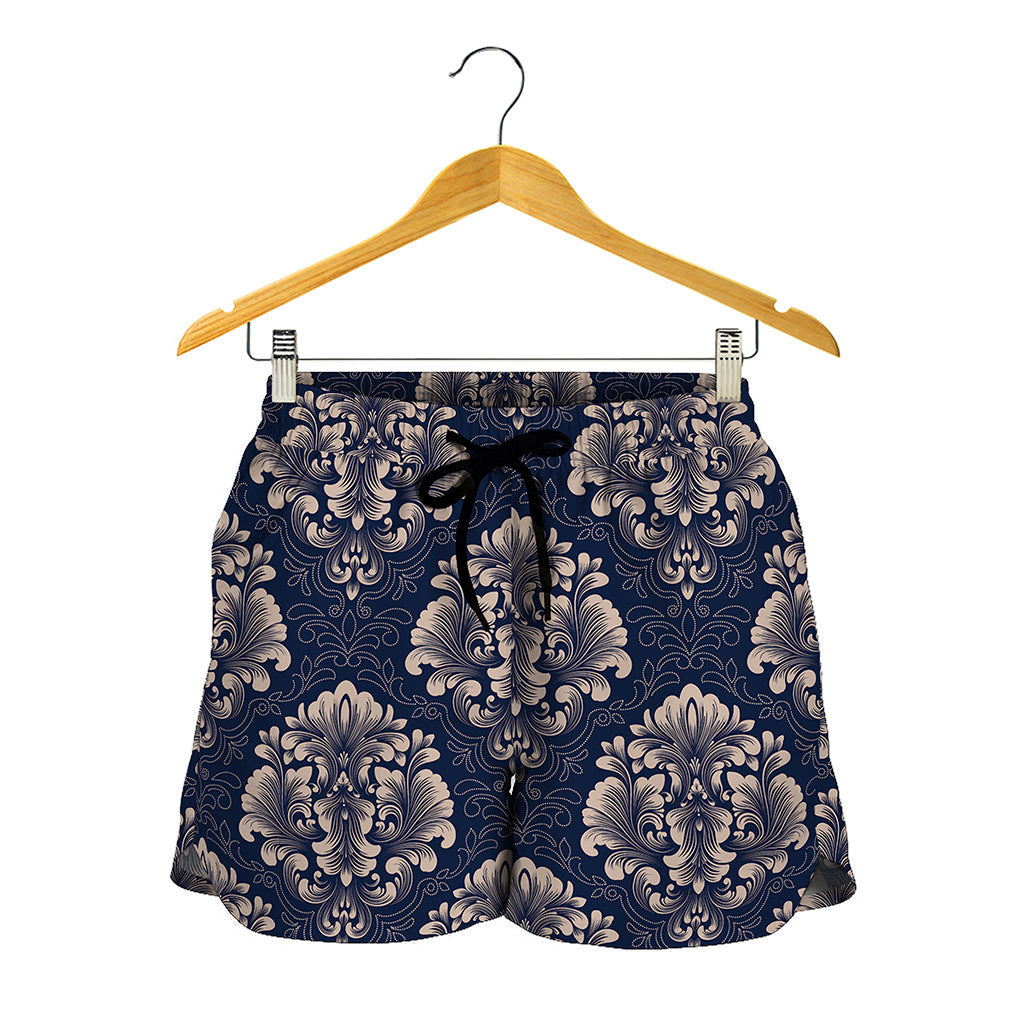 Blue And Brown Damask Pattern Print Women's Shorts