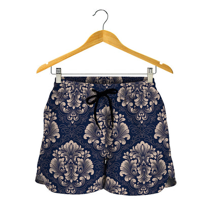 Blue And Brown Damask Pattern Print Women's Shorts