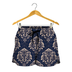 Blue And Brown Damask Pattern Print Women's Shorts