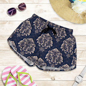 Blue And Brown Damask Pattern Print Women's Shorts