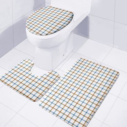 Blue And Brown Tattersall Pattern Print 3 Piece Bath Mat Set