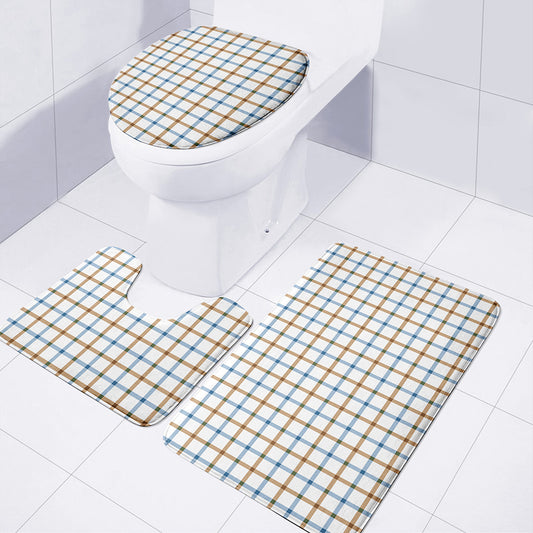 Blue And Brown Tattersall Pattern Print 3 Piece Bath Mat Set