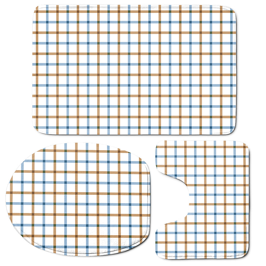 Blue And Brown Tattersall Pattern Print 3 Piece Bath Mat Set