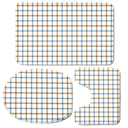 Blue And Brown Tattersall Pattern Print 3 Piece Bath Mat Set