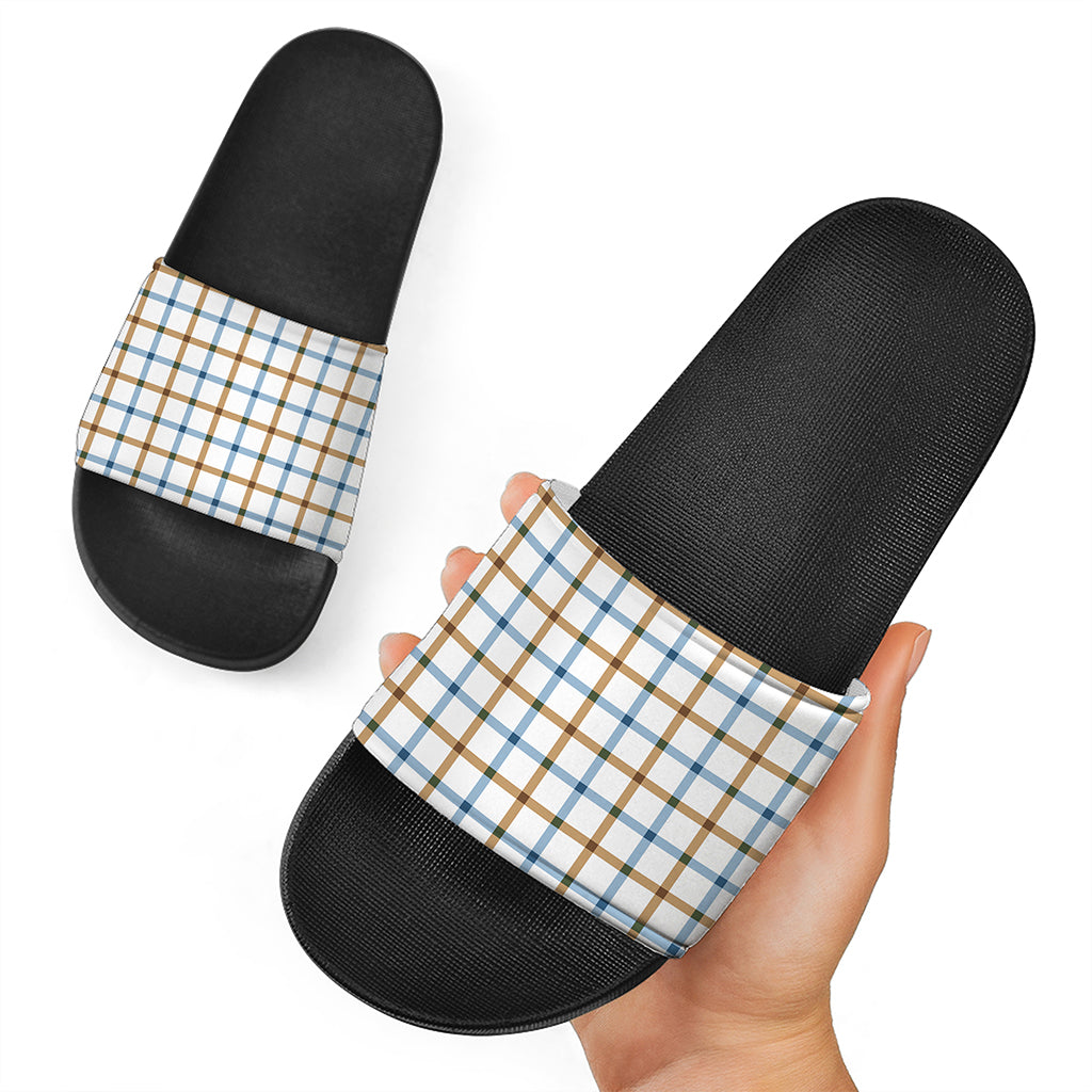 Blue And Brown Tattersall Pattern Print Black Slide Sandals