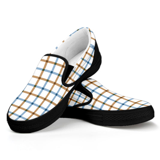 Blue And Brown Tattersall Pattern Print Black Slip On Shoes