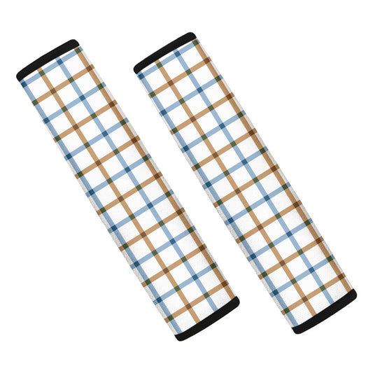 Blue And Brown Tattersall Pattern Print Car Seat Belt Covers