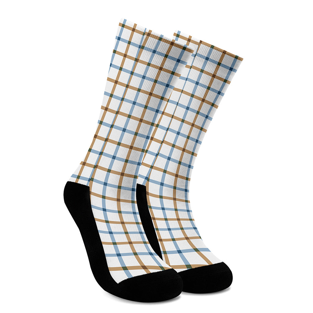 Blue And Brown Tattersall Pattern Print Crew Socks