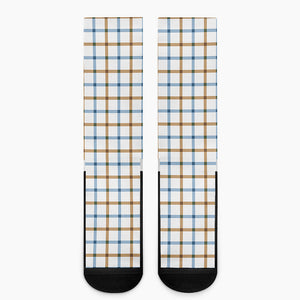 Blue And Brown Tattersall Pattern Print Crew Socks