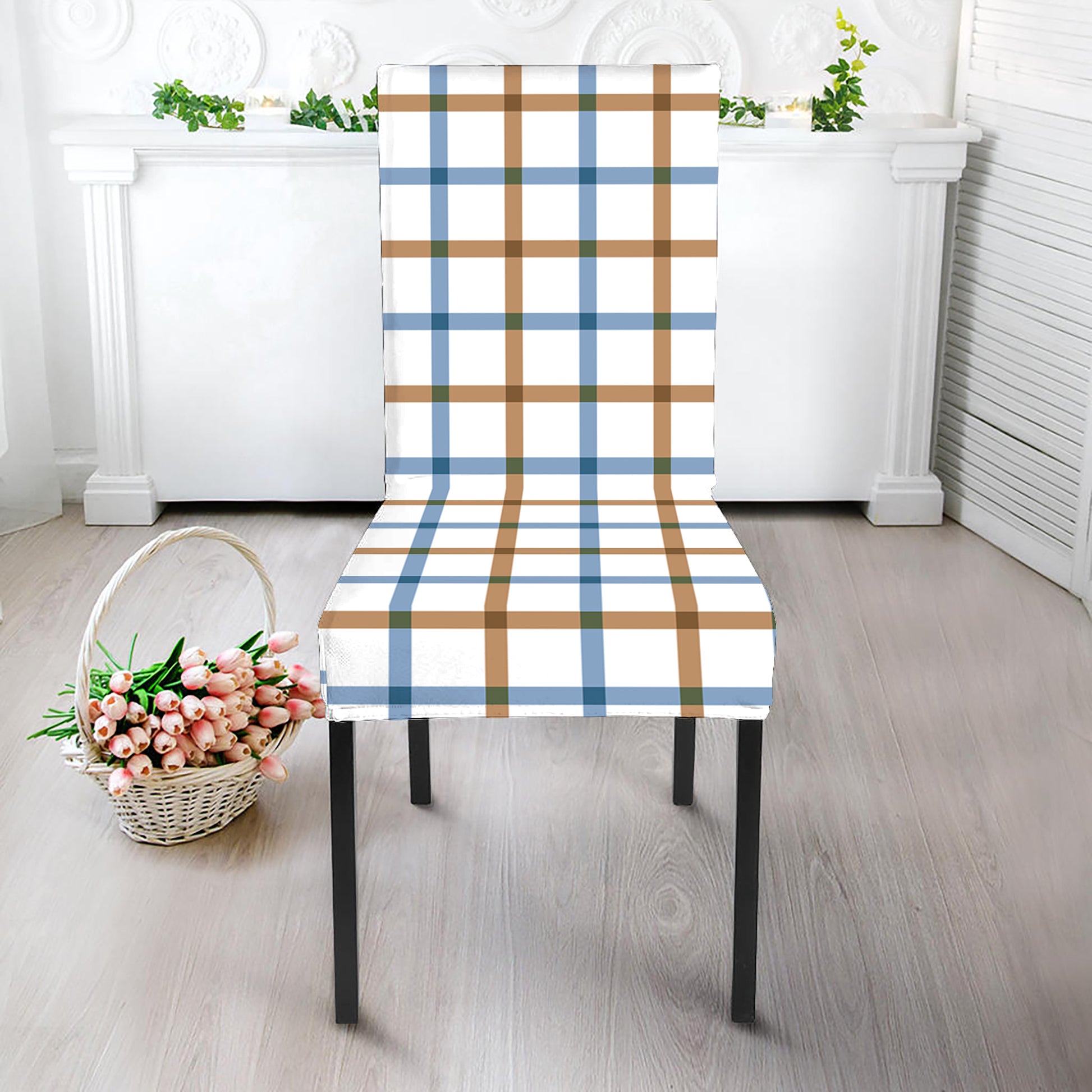 Blue And Brown Tattersall Pattern Print Dining Chair Slipcover