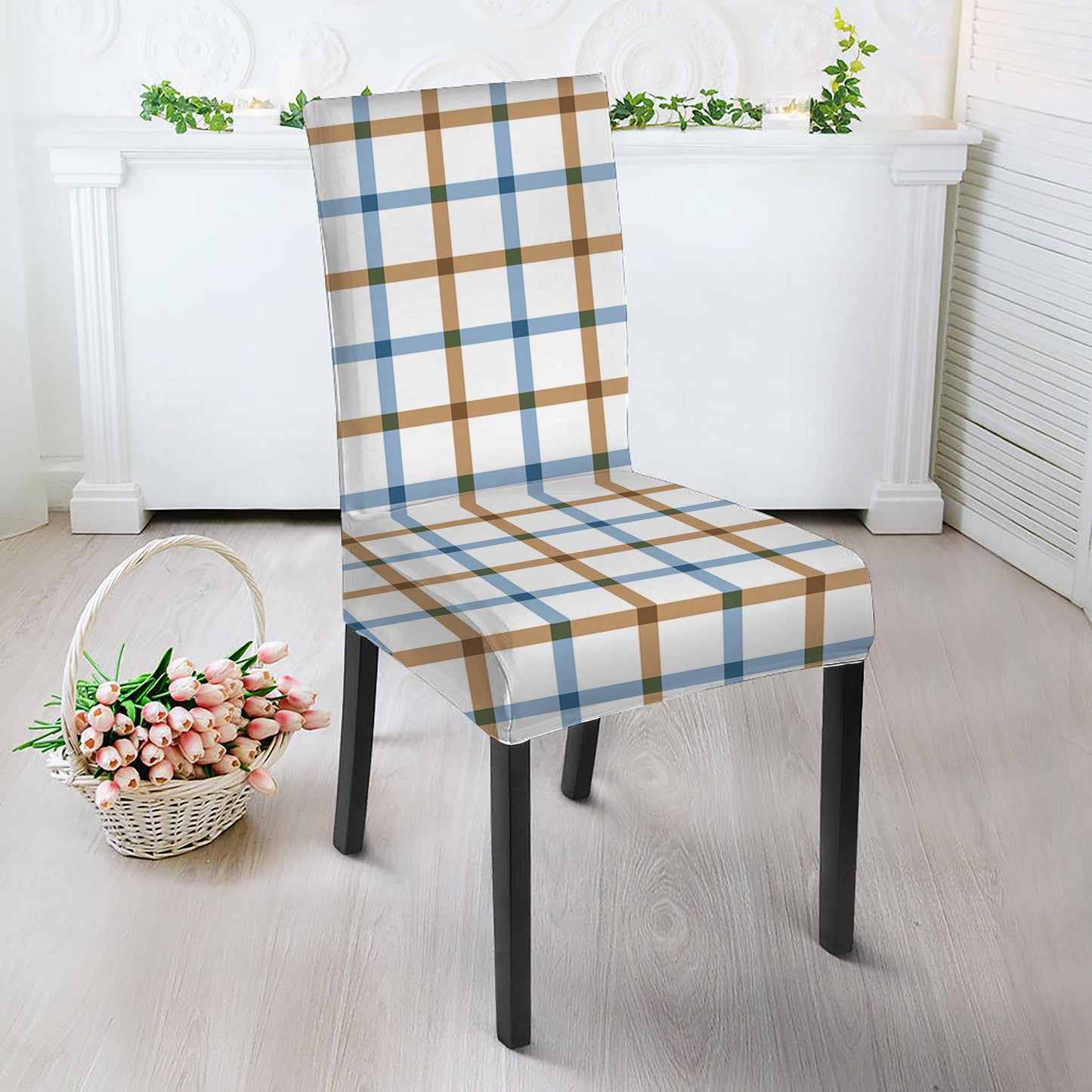 Blue And Brown Tattersall Pattern Print Dining Chair Slipcover