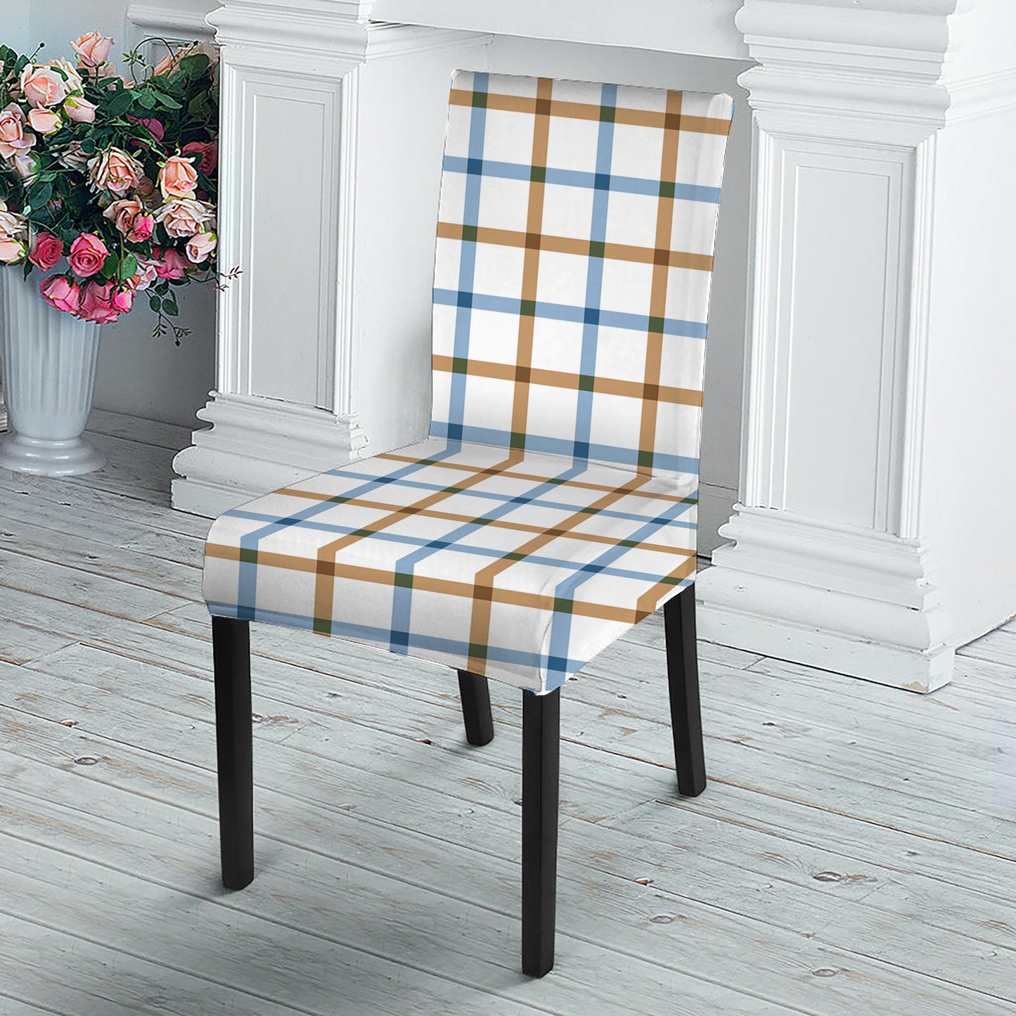 Blue And Brown Tattersall Pattern Print Dining Chair Slipcover