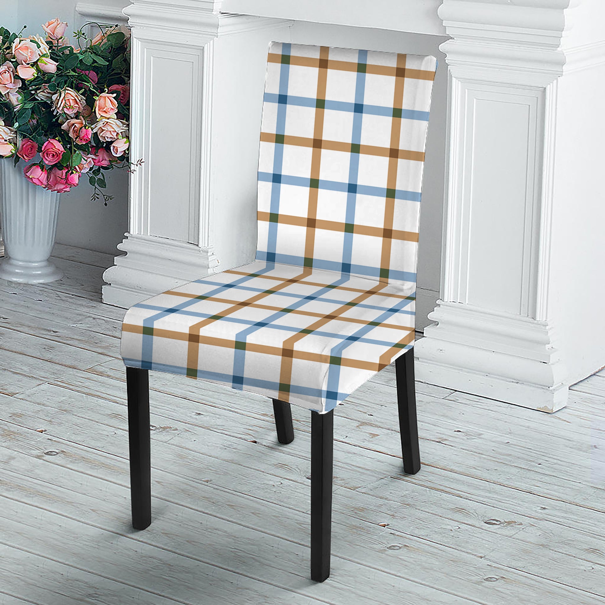 Blue And Brown Tattersall Pattern Print Dining Chair Slipcover