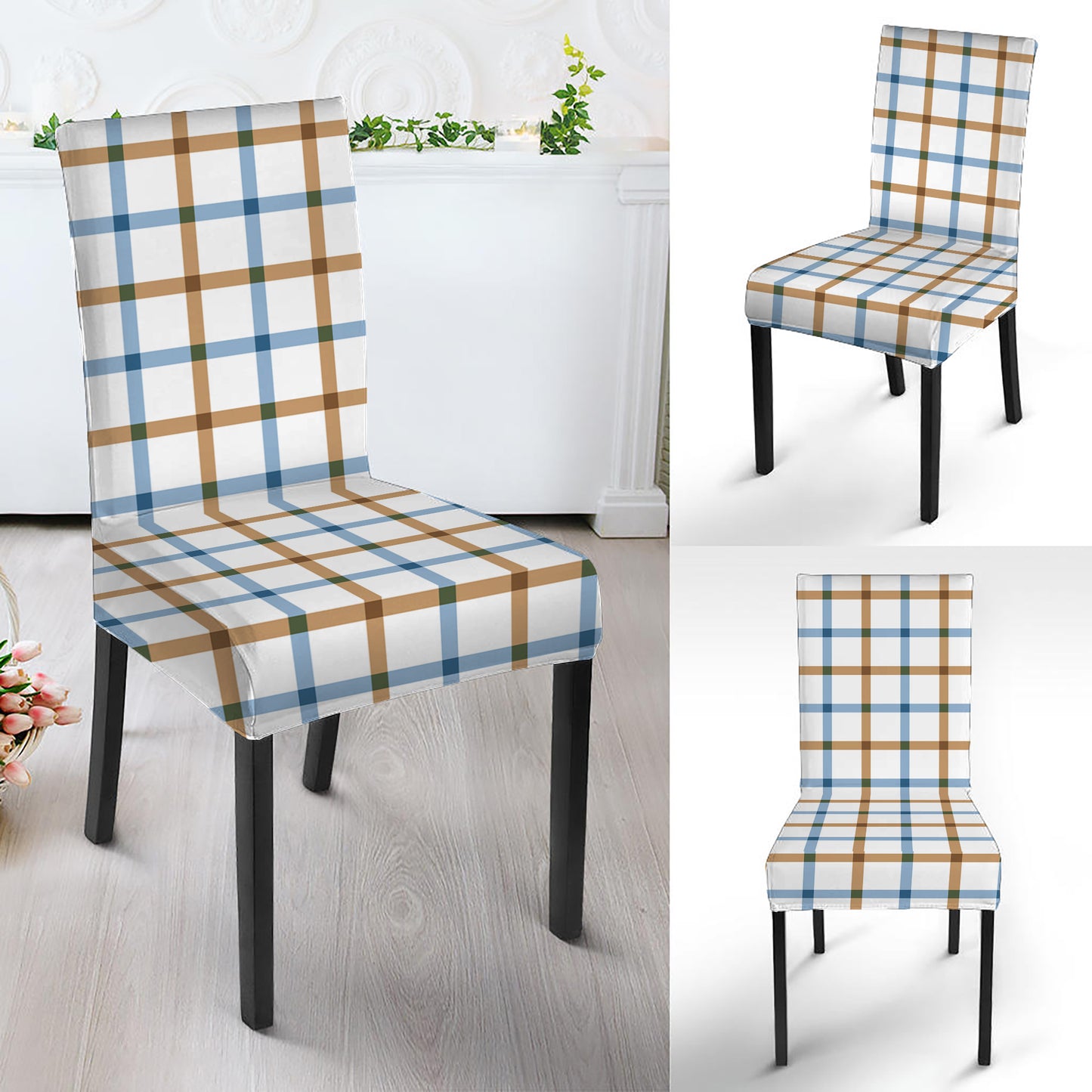 Blue And Brown Tattersall Pattern Print Dining Chair Slipcover