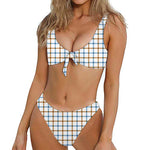 Blue And Brown Tattersall Pattern Print Front Bow Tie Bikini