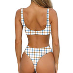 Blue And Brown Tattersall Pattern Print Front Bow Tie Bikini