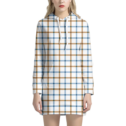 Blue And Brown Tattersall Pattern Print Hoodie Dress