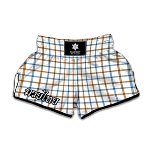 Blue And Brown Tattersall Pattern Print Muay Thai Boxing Shorts