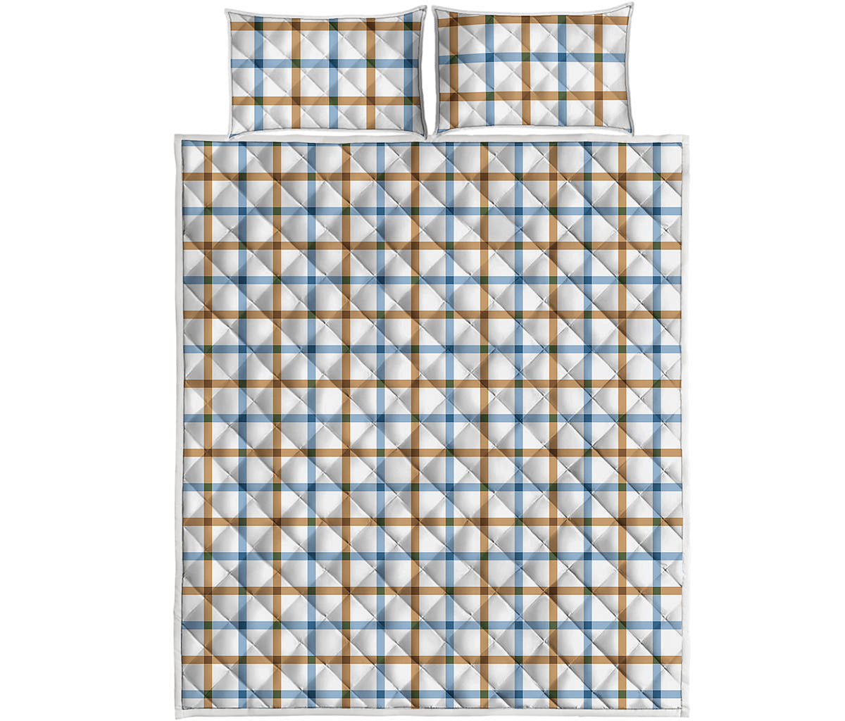 Blue And Brown Tattersall Pattern Print Quilt Bed Set