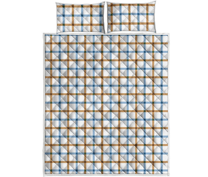 Blue And Brown Tattersall Pattern Print Quilt Bed Set