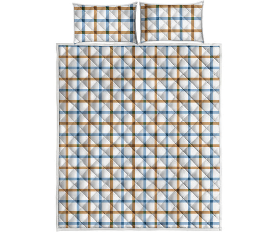 Blue And Brown Tattersall Pattern Print Quilt Bed Set