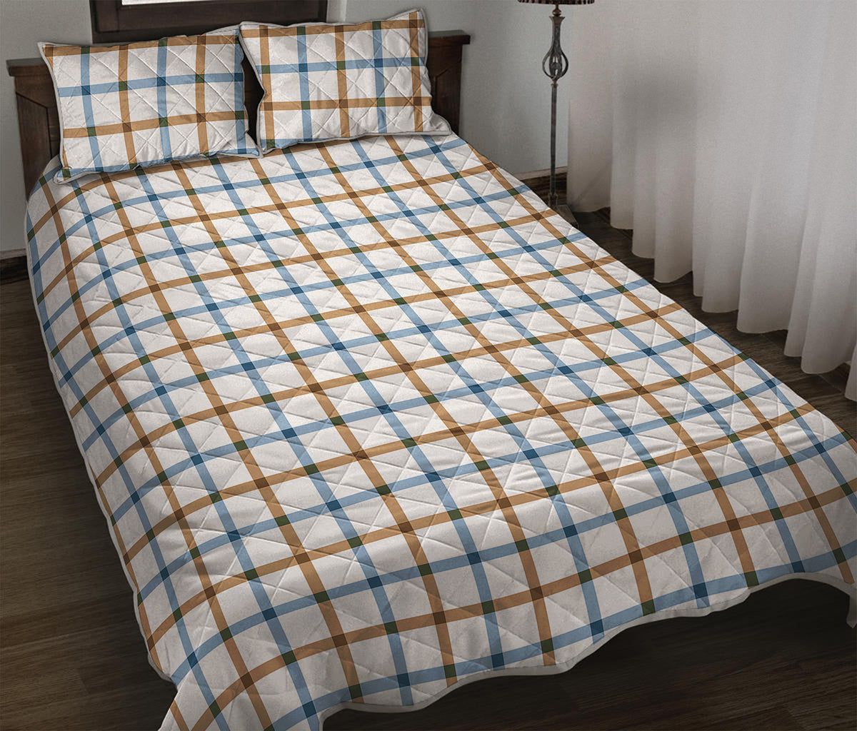Blue And Brown Tattersall Pattern Print Quilt Bed Set