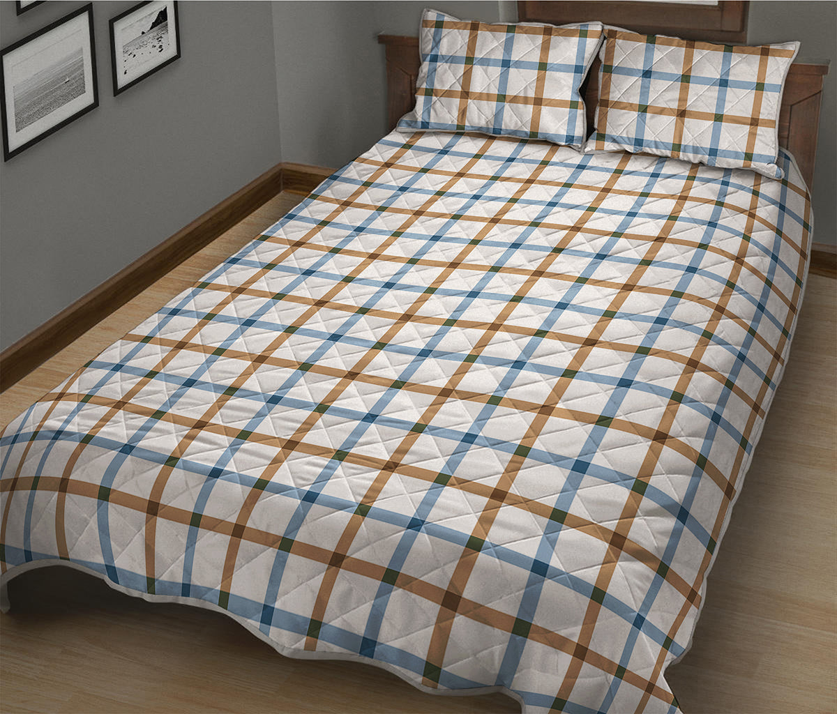 Blue And Brown Tattersall Pattern Print Quilt Bed Set