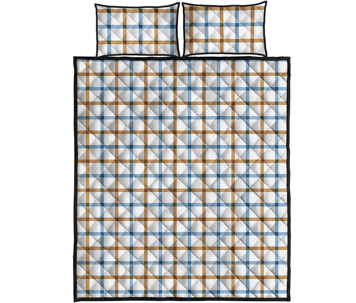Blue And Brown Tattersall Pattern Print Quilt Bed Set