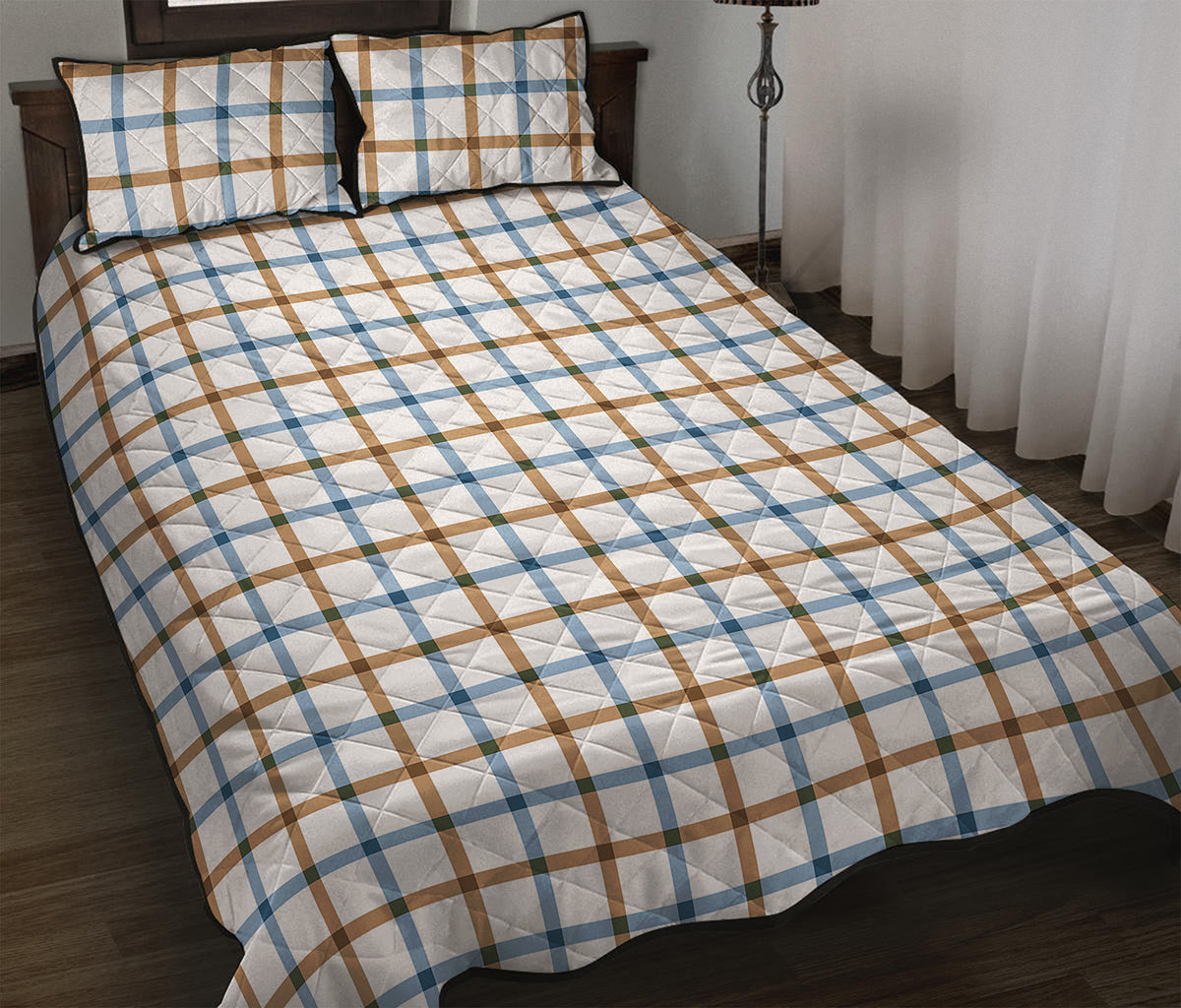 Blue And Brown Tattersall Pattern Print Quilt Bed Set