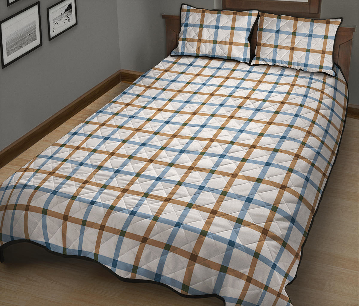 Blue And Brown Tattersall Pattern Print Quilt Bed Set